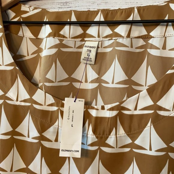 Old Navy Brown Tan Cream Sailboat Print Nautical Women's Blouse NWT Sz L - Picture 2 of 8